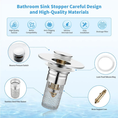 Bathroom Sink Stopper and Pop Up Drain Strainer, brushed silver with stainless steel filter, fits 1.06 to 1.5 inch pipes.