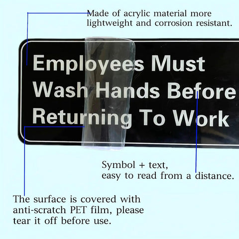 Black and white 'Employees Must Wash Hands' sign, 9x3 inches, waterproof acrylic in Five Pack Hand Wash Signs 9 By 3 Inch Waterproof Acrylic Signs With Symbols Self Adhesive Indoor Outdoor Use For Hotels Restaurants Rest Areas Salons Public Restrooms
