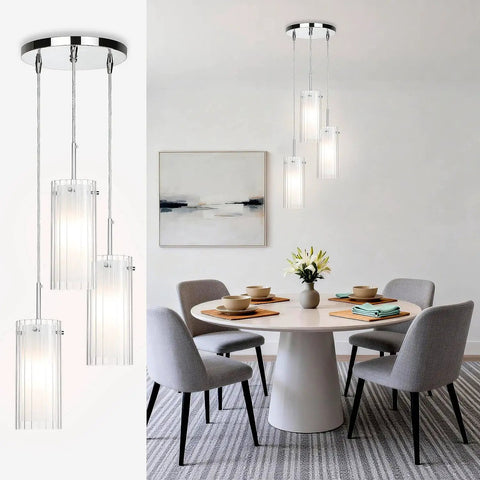 Modern Chrome Pendant Light With Clear Glass Cylinder And Frosted Inner Shade, 1 Light Hanging Fixture, in dining room setting