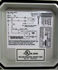 Pump Control Panel With High Water Alarm Model 50B010 WHAP External Run Mute Test Switch With UV Resistant Sealing Boot Rugged External Audible Alarm UV Resistant Alarm Light Terminal Block Access And Circuit Breakers For Pump And Alarm Circuits front label