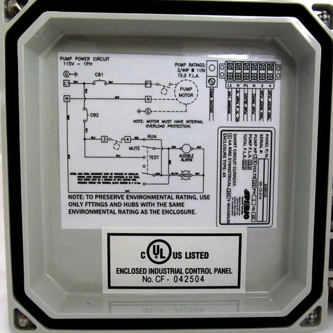 Pump Control Panel With High Water Alarm Model 50B010 WHAP External Run Mute Test Switch With UV Resistant Sealing Boot Rugged External Audible Alarm UV Resistant Alarm Light Terminal Block Access And Circuit Breakers For Pump And Alarm Circuits front label