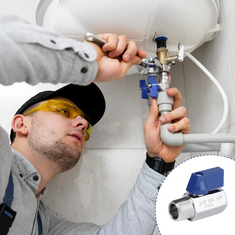 Plumber installing a Three Eighths Inch Ball Valve Mini 304 Stainless Steel NPT Female To Male Thread Shut Off Valve in a bathroom