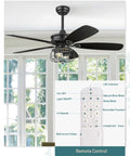 Farmhouse 52 Inch Ceiling Fan With Lights And Remote Control, Rustic Barnwood Blades, Industrial Cage Light, Matte Black Finish.