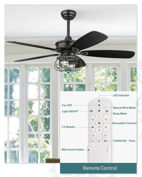 Farmhouse 52 Inch Ceiling Fan With Lights And Remote Control, Rustic Barnwood Blades And Industrial Cage Light, Matte Black Finish