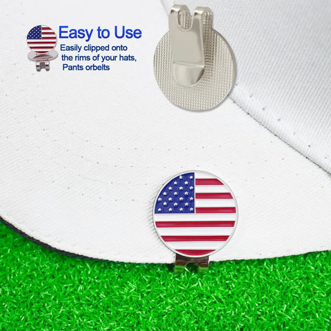 Six Piece Golf Ball Markers With Magnetic Hat Clips Value Set shown clipped to white cap, featuring USA flag design.