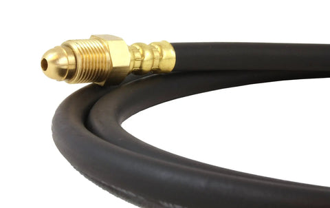 Flowmeter Hose For Shield Gas In TIG And MIG Welding, braided five feet long, 5/8-18 male connectors, showing black rubber and brass fitting
