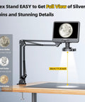 10.1 Inch IPS Digital Microscope With Flexible Arm Stand And 56 LED Ring Light For Coins And Soldering Electronics 260X Magnification PC View Dope For Home Hobbyists And Electronics Enthusiasts showing coin inspection setup