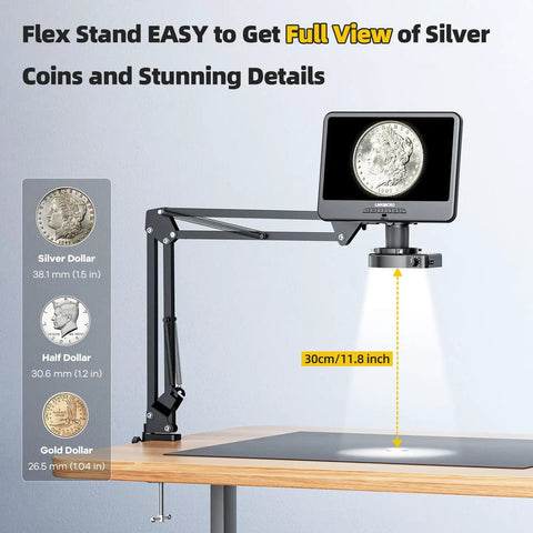 10.1 Inch IPS Digital Microscope With Flexible Arm Stand And 56 LED Ring Light For Coins And Soldering Electronics 260X Magnification PC View Dope For Home Hobbyists And Electronics Enthusiasts showing coin inspection setup