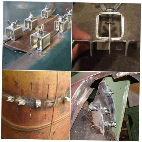 Superior Butt Welding Jigs For Sheet Metal And Auto Body Work Includes Eight Heavy Tack Welding Clamps in various views showing alignment.