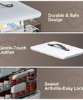 CTIME 4-Tier XL medicine organizer with leather handle; white case open lid shows pills inside