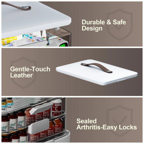 CTIME 4-Tier XL medicine organizer with leather handle; white case open lid shows pills inside