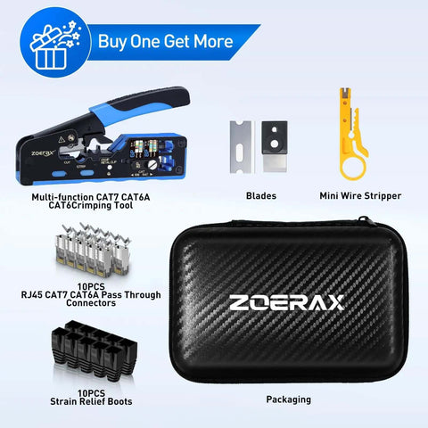 All In One Ethernet Crimping Tool Kit With Wire Stripper, 10 Cat7 RJ45 Pass-Through Connectors And 10 Boots, Durable Storage Case