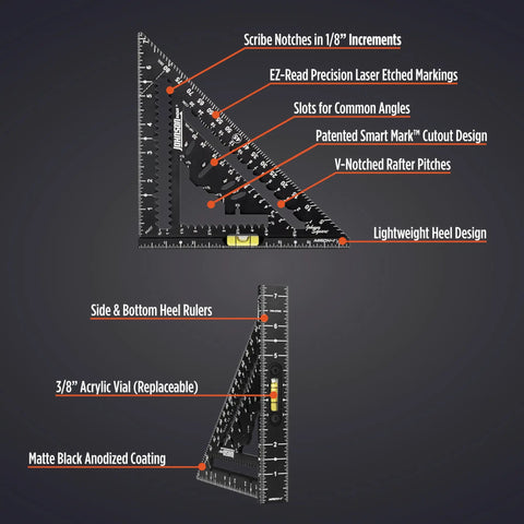 MACH-1 Smart Mark Rafter Square With Level Vial For Fast Accurate Layouts showing features and measurements on black finish