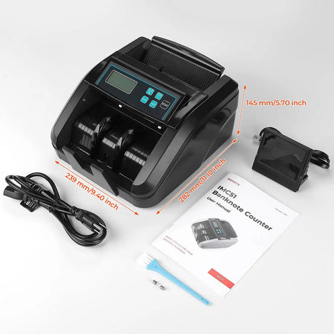 Value Counting Money Counter For Cashiers, Boss Level Speed At 1100 Bills Per Minute, showing dimensions and parts.