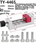 Solid Mini Bench Vise With Dual Shape Jaw Perfect For Clamping PCB Phone Motherboards And Cylindrical Components On CNC Drill Presses Welding Projects Without Sliding Or Moving During Hard Work, shown with stainless steel parts and measurements.