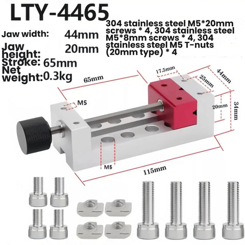 Solid Mini Bench Vise With Dual Shape Jaw Perfect For Clamping PCB Phone Motherboards And Cylindrical Components On CNC Drill Presses Welding Projects Without Sliding Or Moving During Hard Work, shown with stainless steel parts and measurements.