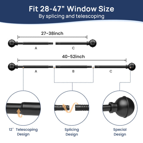 Diagram of No Drill Curtain Rod For Windows 27 To 52 Inches Adjustable With Five Eighth Inch Diameter, showing telescoping design.