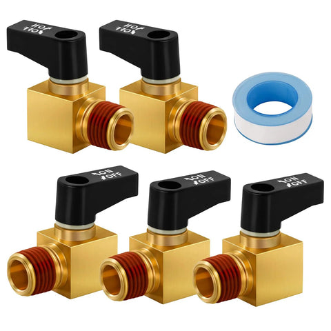 Five Pack Brass Mini Ball Drain Valves For Air Compressors 1/4 Inch NPT Male With Thread Seal Tape knurled screw visible.