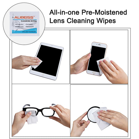 ALIBEISS pre-moistened lens cleaning wipes, pack of 100, for glasses, phones, tablets and screens