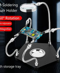 Soldering Helping Hands With 3X Magnifier And 360 Degree Rotating Alligator Clips Adjustable Third Hand Tool With Storage Tray