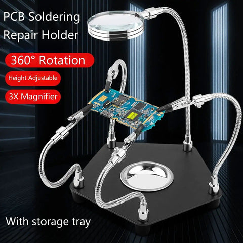 Soldering Helping Hands With 3X Magnifier And 360 Degree Rotating Alligator Clips Adjustable Third Hand Tool With Storage Tray