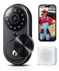 Smart Lock With Camera And Built-In WiFi, 1080P HD Doorbell Cam, Keyless Entry Deadbolt, and app showing delivery man