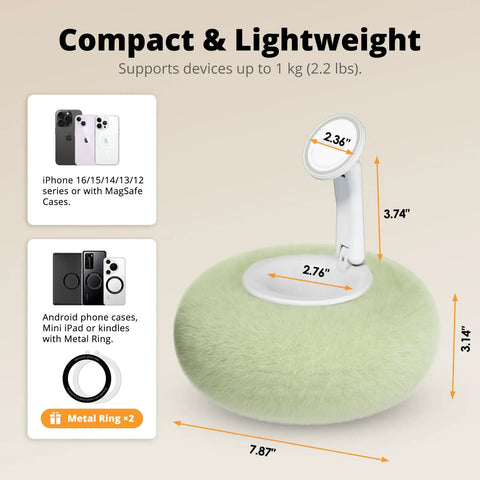 Green Magnetic Phone Pillow Stand For Bed And Desk With Snack Bowl And Two Magnetic Rings with dimensions and compatible devices.