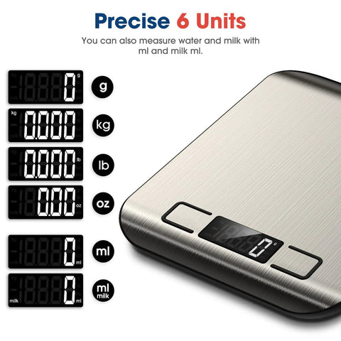 High Accuracy Digital Kitchen Scale For Baking And Cooking, 22 Lb Capacity, showing 6 unit conversions on LCD display