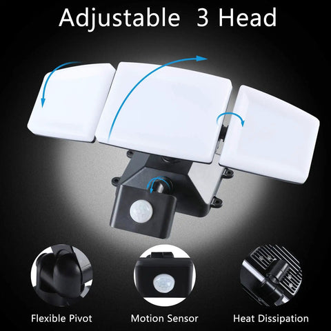 Plug In Outdoor Flood Light With Motion Sensor And Remote Control, Dusk To Dawn Security Floodlight, 3 Heads display