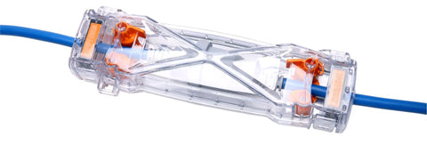 Close-up of Weatherproof Extension Cord Protector with clear housing, showing heavy duty plastic sealing a blue cord connection.
