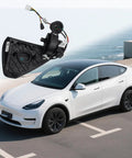 Left Side Charging Port Door Assembly for Tesla Model 3 2017 2023 1525134 00 C above white Tesla Model 3 on road.