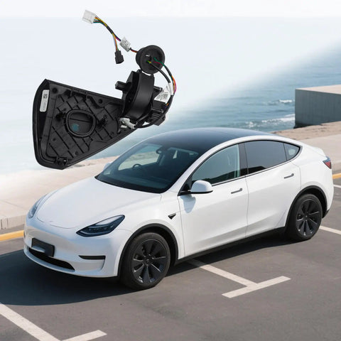 Left Side Charging Port Door Assembly for Tesla Model 3 2017 2023 1525134 00 C above white Tesla Model 3 on road.