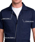 Heavy Duty Short Sleeve Coveralls For Men Work Jumpsuit Navy Cotton Polyester Blend featuring lapel collar and two-way zipper.