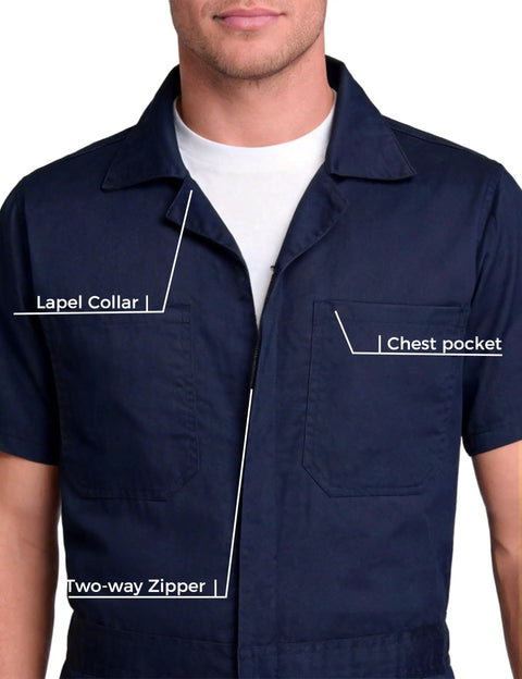 Heavy Duty Short Sleeve Coveralls For Men Work Jumpsuit Navy Cotton Polyester Blend featuring lapel collar and two-way zipper.