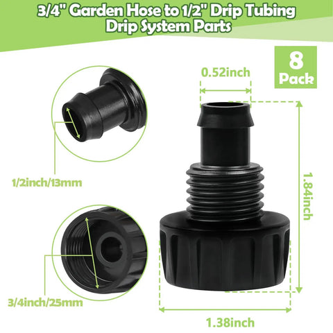 Eight Pack 3/4 Inch Female Pipe Thread To 1/2 Inch Drip Irrigation Tubing Adapters For Garden Faucets Sprinklers And Hoses Easy Connect 3/4 Inch Faucet To 1/2 Inch Drip Line Fittings black plastic 8-pack