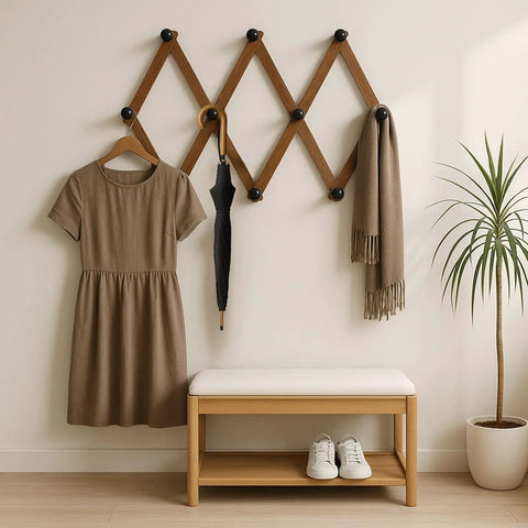 Expandable Accordion Wall Rack For Hats Coats Scarves And Purses Wood X Shape Coat Organizer with dress, umbrella, scarf on pegs.