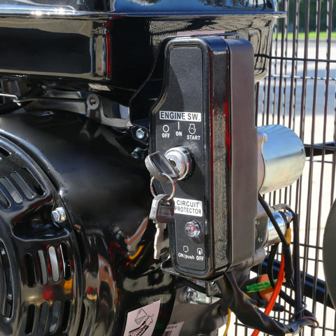 Close-up of engine switch on 13.0HP Horizontal Gas Powered 30 Gallon Tank Air Compressor With 3 Cylinder Engine for trucks