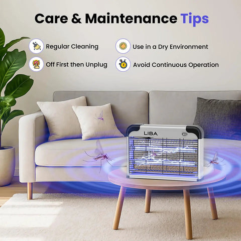 Indoor Bug Zapper With 2800V Grid, Heavy Duty Bug Buster For Flies And Mosquitoes on a coffee table in a living room setting
