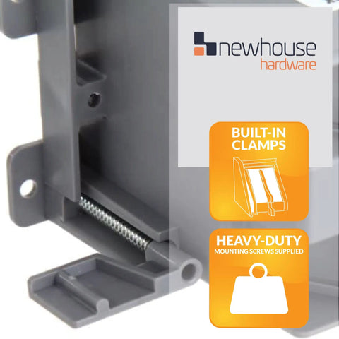 Close-up of the One Gang PVC Old Work Electrical Box 12 Pack 14 Cu In Plastic Junction Box showing built-in clamps and screws.