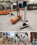 Built Damn Tough Portable Gantry Crane 1 Ton Capacity adjustable height lifting a heavy orange log in a workshop.
