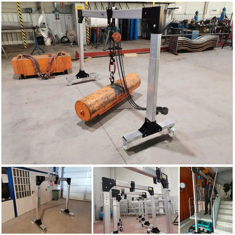 Built Damn Tough Portable Gantry Crane 1 Ton Capacity adjustable height lifting a heavy orange log in a workshop.