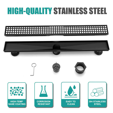 Components of 28 Inch Linear Shower Drain In Matte Black With Rectangular Floor Design, Removable Square Hole Cover And Hair Catcher, 304 Stainless Steel CUPC Certified, Long Shower Drain For Modern Bathrooms shown.