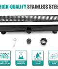 36 Inch Black Stainless Steel Linear Shower Drain With Removable Square Hole Pattern Cover Grate, 304 Stainless, Central Outlet 2 Inch, CUPC Certified, Includes Accessories, Matte Black Finish shown with features.