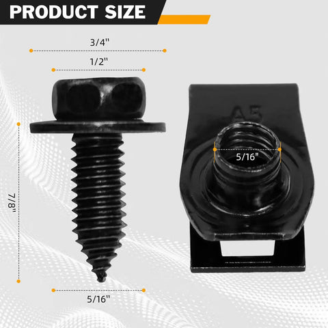 Indented Hex Head Sems Bolts And U Nut Clips Kit For Fender Engine Cover And Splash Shield, 5/16-18 Thread By 7/8 Inch Length