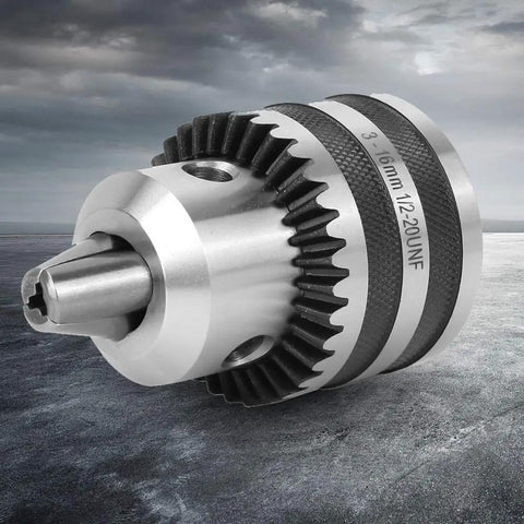 Heavy Duty Keyed Drill Chuck Set 1/8 To 5/8 Inch Capacity, 3-16mm, 1/2-20 UNF Mount on textured surface