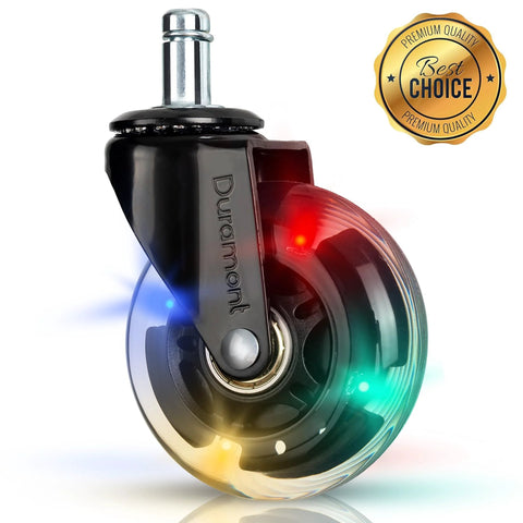 Close-up of Heavy Duty Office Chair Casters Replacement Wheels for Carpet and Hardwood Floors with colorful lights