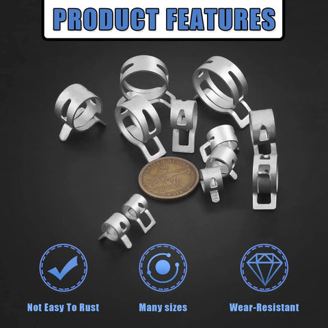 121 Pcs 12 Size Spring Band Hose Clamps Set 7-22mm Includes Fuel Silicone Vacuum Hose Clips with product features and sizes shown