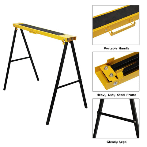 Rock Solid Portable Folding Sawhorse Heavy Duty Steel Work Stand Twin Pack With Anti Slip Eva Work Surface And Built In Carry Handle For Tradesmen And Diy Crafters Quick Fold Design, highlighting portable handle and steel frame.