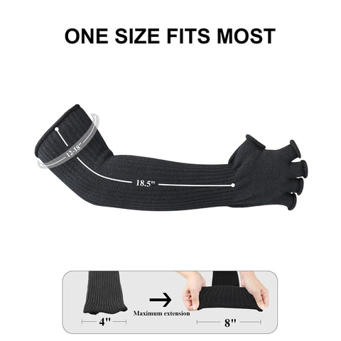 Black arm sleeves with thumb hole, size 18.5 inches, shown in one size fits most. Arm Sleeves With Thumb Hole For Men And Women Cut Resistant Protective Sleeve All Day Comfy Lightweight Breathable Gardening Gear For Garden Yard Kitchen Work And Thin Skin Protection.