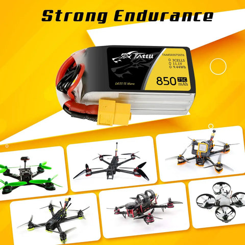 High Performance 850mAh 11.1V 75C 3S LiPo Battery Pack Set of Two With XT60 Plug for RC Cars Drones and Boats, battery close-up